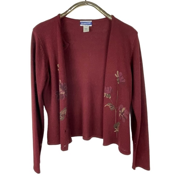 PENDLETON PAINTED FLORAL BUTTON DOWN CHERRY RED CARDIGAN SWEATER - Picture 5 of 14